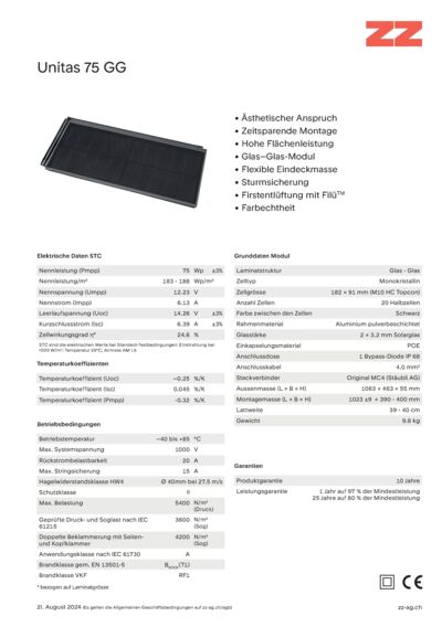 Unitas 75 GG Photovoltaik - technisches Datenblatt